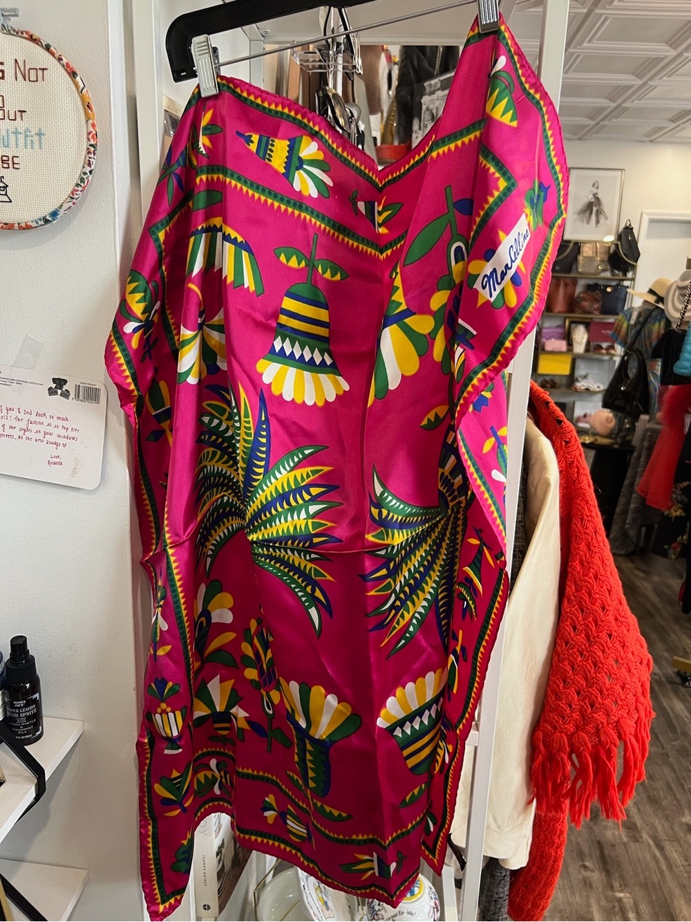 Vintage Bright Pink Tropical Print Silk Scarf